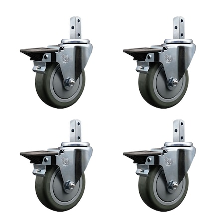 Service Caster 4'' Gray Poly Wheel Swivel 3/4'' Square Stem Caster Set with Brake, 4PK SCC-SQ20S414-PPUB-GRY-PLB-34-4